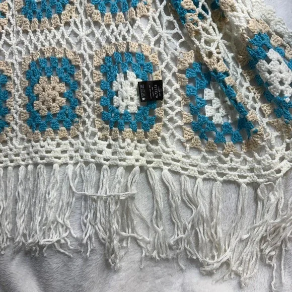 POL OS Crochet Granny Square Duster Cardigan Blue White Fringe Boho Coverup Y2K - Picture 8 of 10